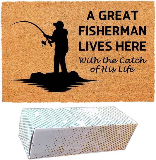 Funny Coir Doormat with A Great Fisherman Lives Here with The Catch of His Life - Front Door Mat, Entryway Welcome Mat, 23.7 x 15.7 inch