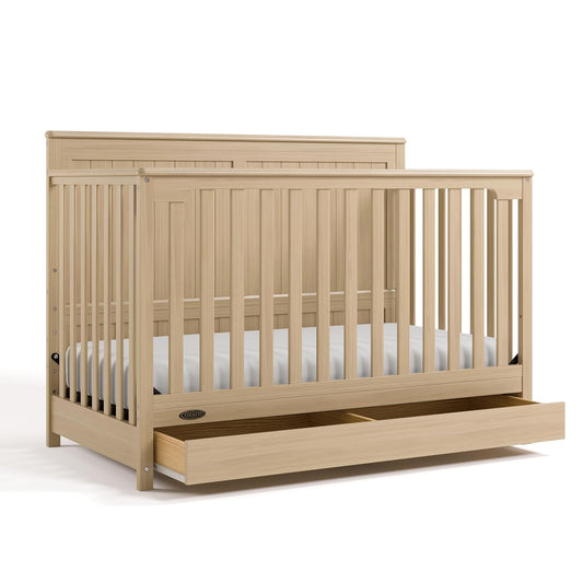 Graco Hadley 5-in-1 Convertible Crib with Drawer (Driftwood) – GREENGUARD Gold Certified, Fits Standard Crib Mattress, Converts to Toddler Bed, Daybed and Full Bed, 4 Adjustable Mattress Heights