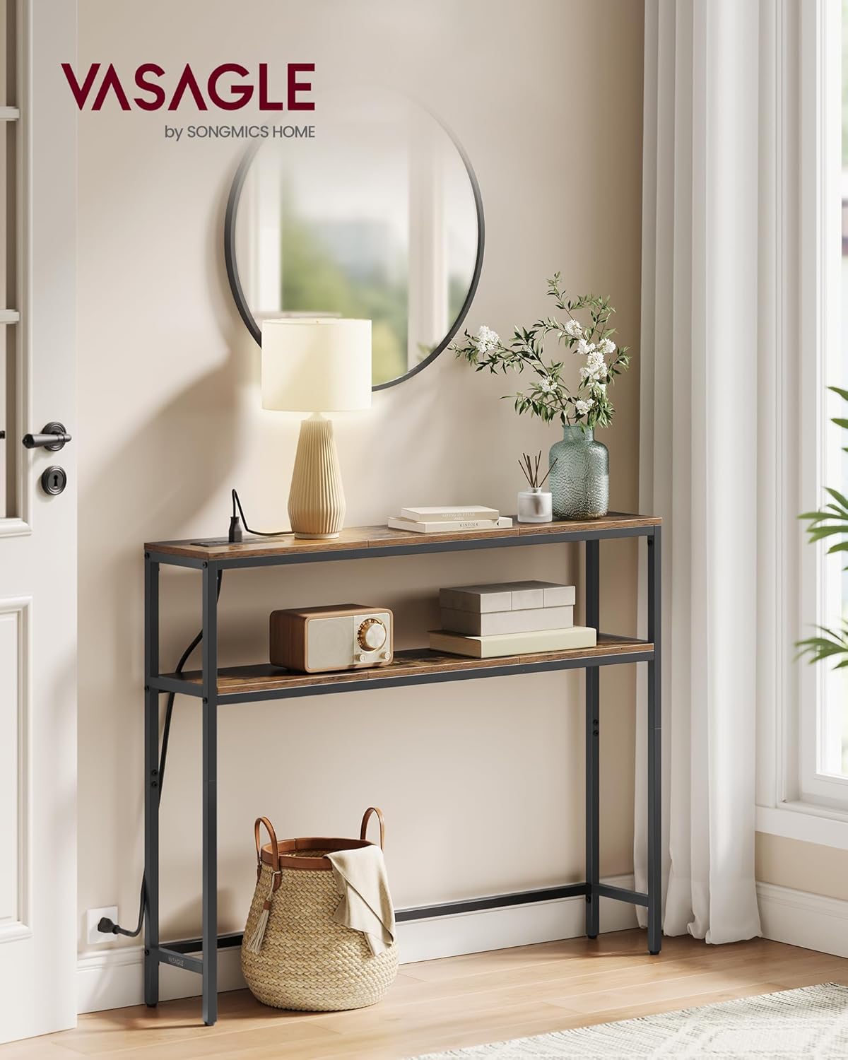 VASAGLE Console Table with Power Outlet, 2-Tier Narrow Sofa Table with 2 Shelves, 7.9 x 39.4 x 31.5 Inches, for Living Room, Hallway, Entryway, Rustic Brown and Ink Black ULNT136K01