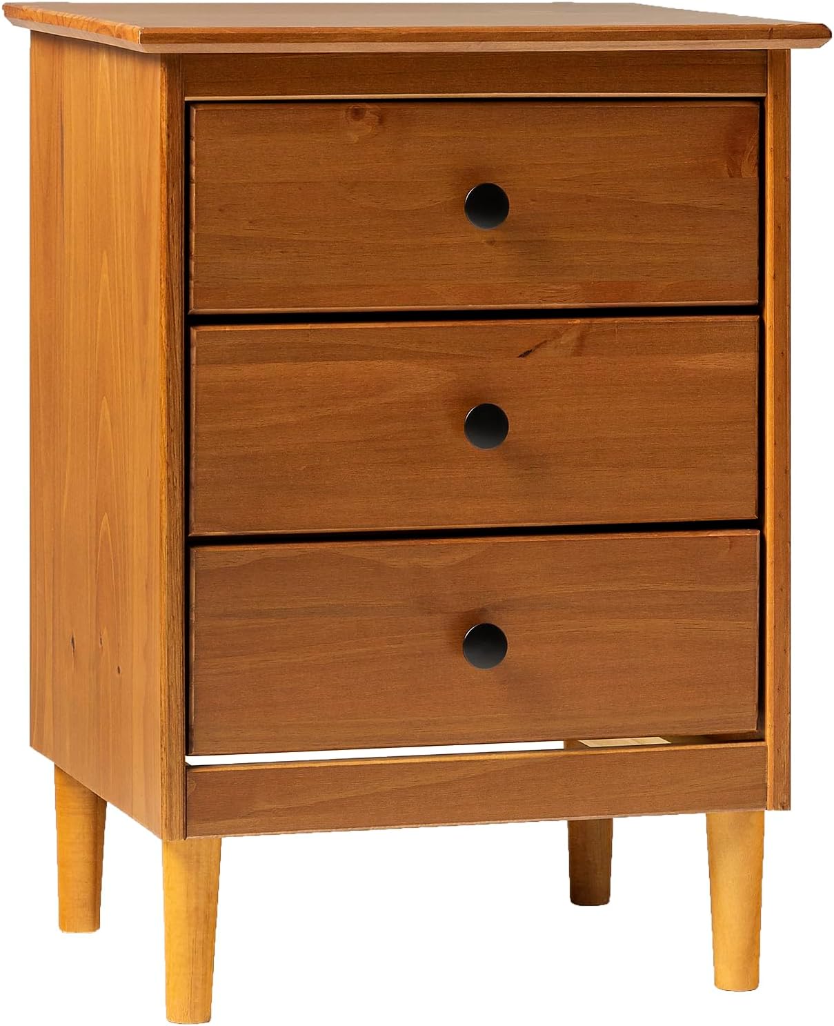 Walker Edison Traditional Wood 3 Drawer Nightstand Side Table Bedroom Storage Drawer and Shelf Bedside End Table, 18 Inch, Caramel