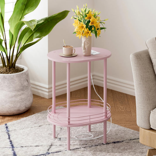 Small Round Side Table with Charging Station,Bedside Table with 2 USB Ports and Outlets, Morden Round Nightstand, Samll Side Table for Living Room,Bedroom, Nursery, Laundry, Pink