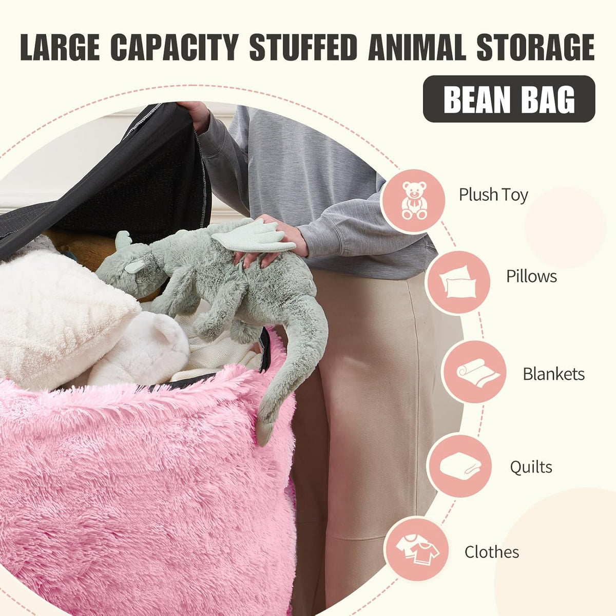Fluffy Bean Bag for Stuffed Animals Storage, Faux Fur Washable Bean Bag Chair Cover(No Filler) for Textile Plush Toys, Beanbag Chair Cover for Adults Kids Teens, 6FT, Pink