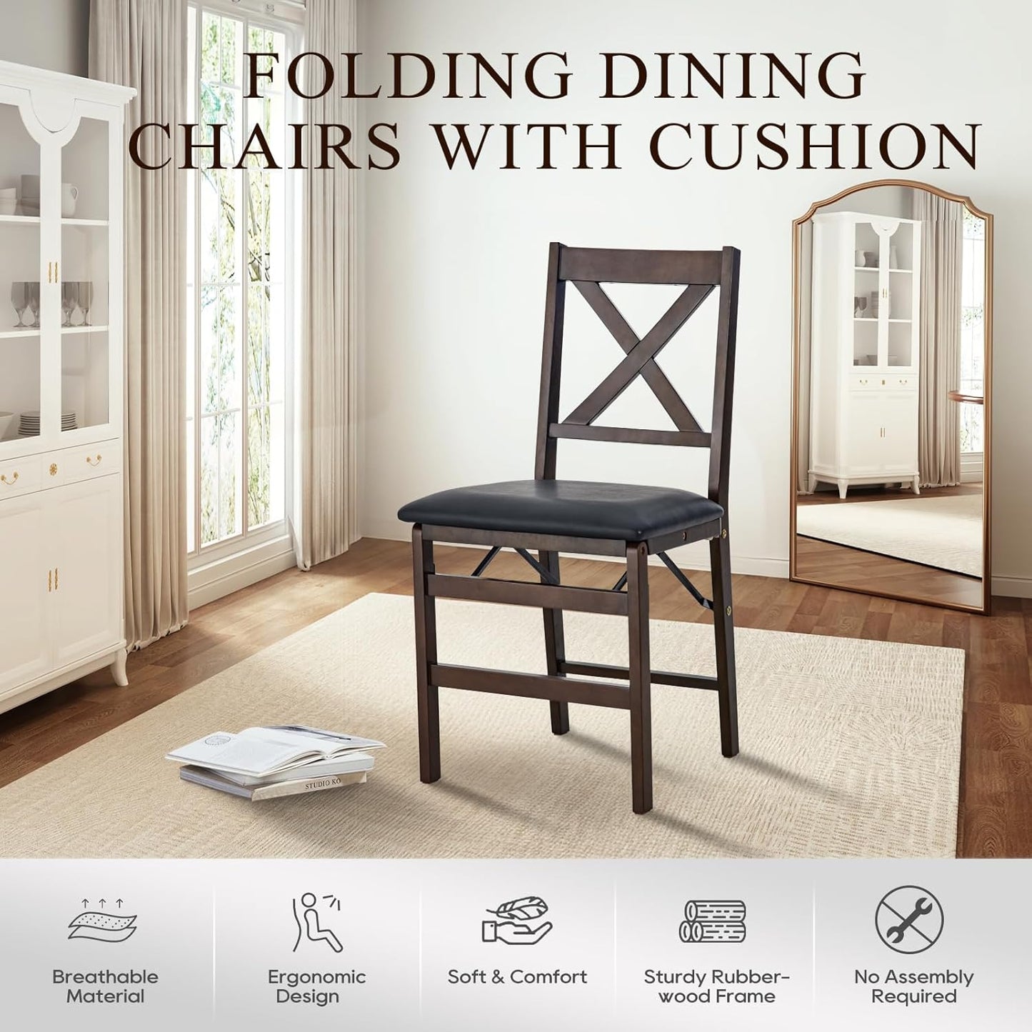 COLAMY Folding Dining Chairs Set of 2, Foldable Chairs with Padded Seats, Wood Folding Dining Room Chairs for Kitchen, Party, Camping, Dark Brown
