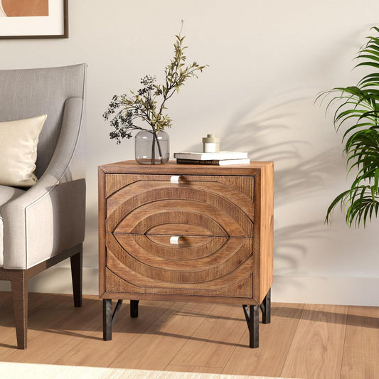 COSIEST Vintage Nightstand with 2 Storage Drawers, Rustic End Table for Bedroom and Living Room, Easy to Assemble Accent Table (Brown, Circle Pattern)