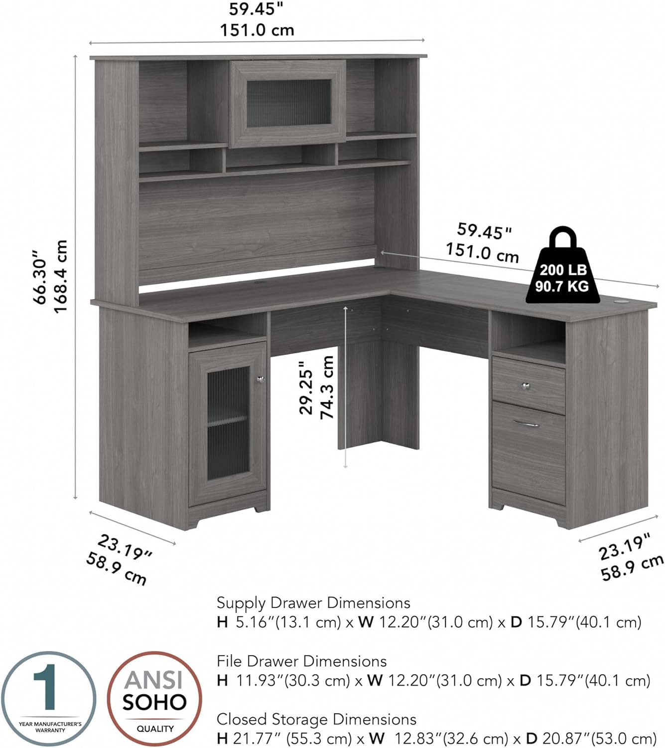 Bush Furniture Cabot L Shaped Desk with Hutch | Corner Desk with Storage for Home Office in Modern Gray | 60W L Shaped Computer Desk