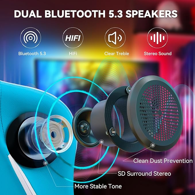 HOFFREE Gaming Chair with Speakers Massage Computer Gaming Chair with Pocket Spring Cushion for Adults Reclining Gamer Chair with Bluetooth Video Game Chairs with Footrest Sky Blue and White