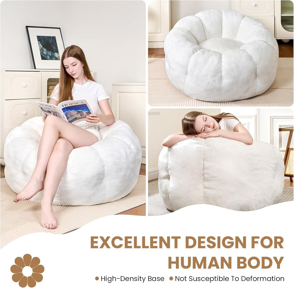 Bean Bag Chairs for Adults, Faux Fur Reading Chair with Petal Arm Rest Fluffy Comfy Chair for Bedroom, Living Room, Dorm, Game - White, Large, Low Support