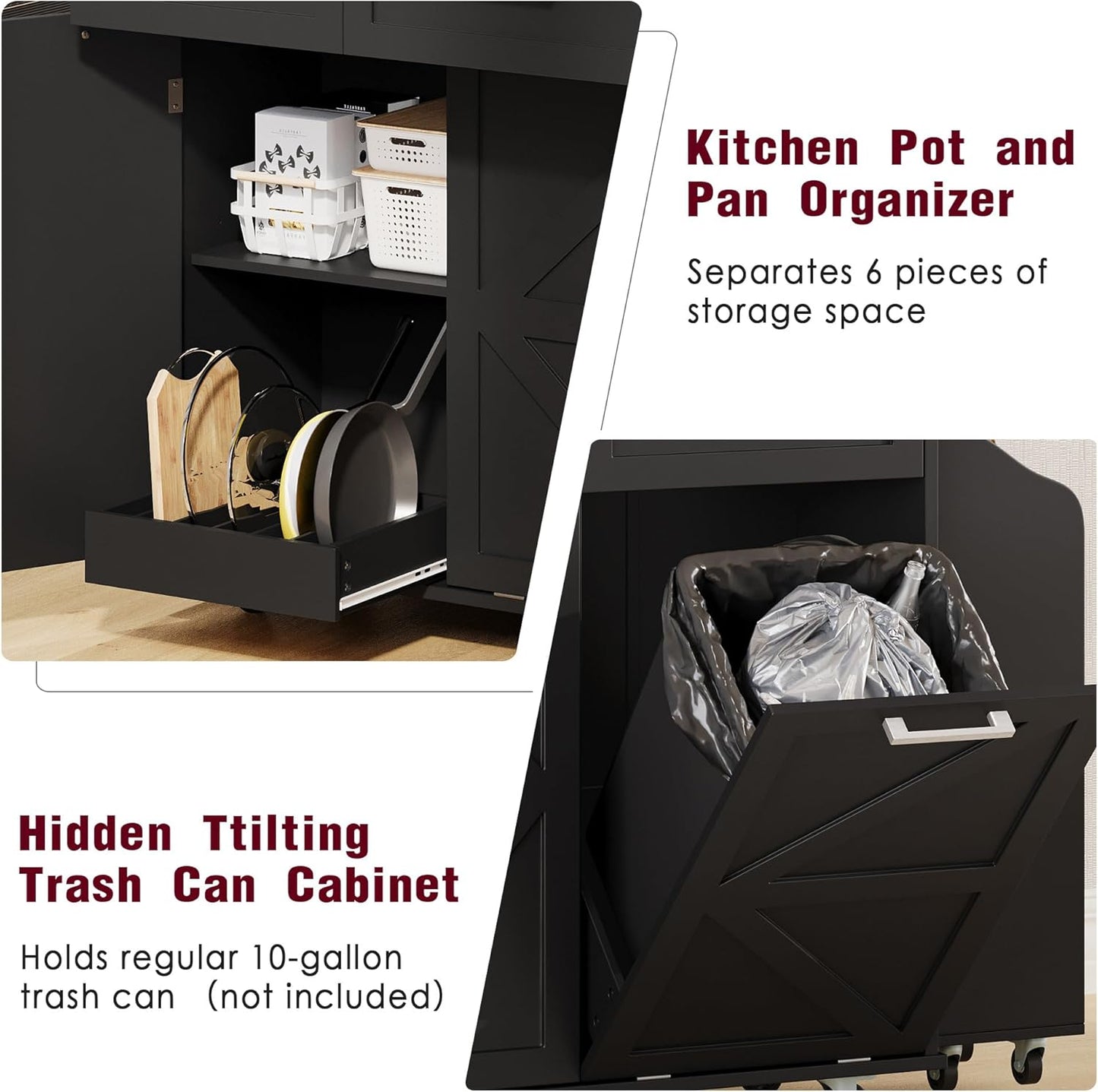 Ball & Cast Farmhouse Kitchen Island with Drop Leaf,Rolling Kitchen Cart on 5 Wheels W/Removable Side Racks and 2 Drawers,Kitchen Storage Cart W/Towel Rack,for Kitchen,Dining Room,Black,47.2"