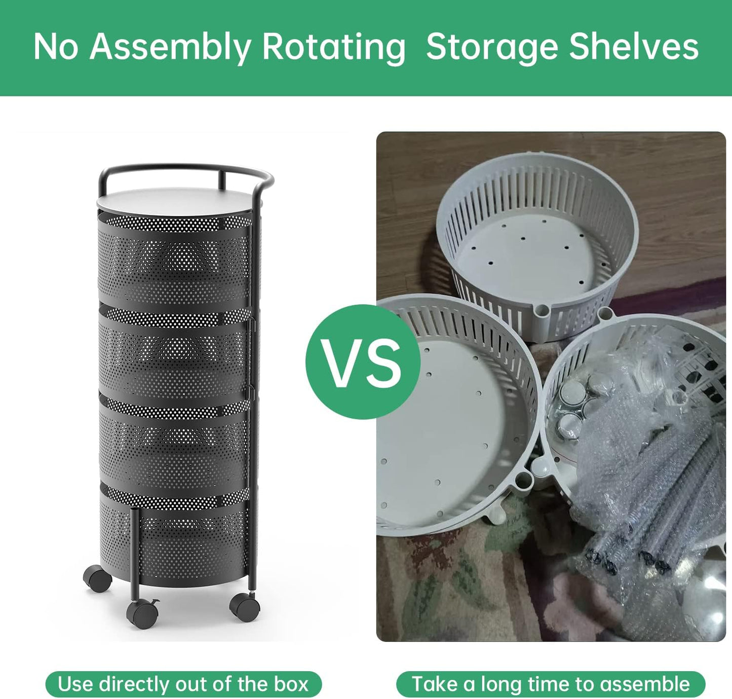 Kitchen Storage Rack No Assembly, 4-Tier Metal Storage Tower Cart Organizer on Rolling Wheels with Removal Basket for Fruit Vegetable Grocery Corns Potato Onion,Fruteros Para Cocina (4-Tier, Black)