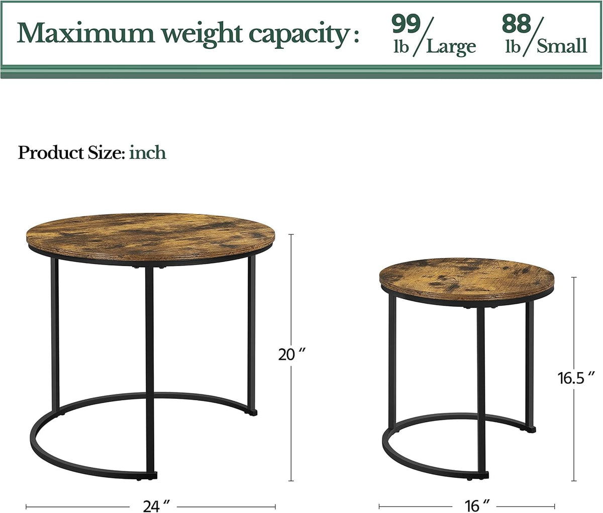 Yaheetech Nesting Coffee Table, Round Coffee Table for Living Room, Nesting Table with Wooden Tabletop and Sturdy Metal Frame, Stacking Living Room Tables Nesting End Table Set of 2, Rustic Brown