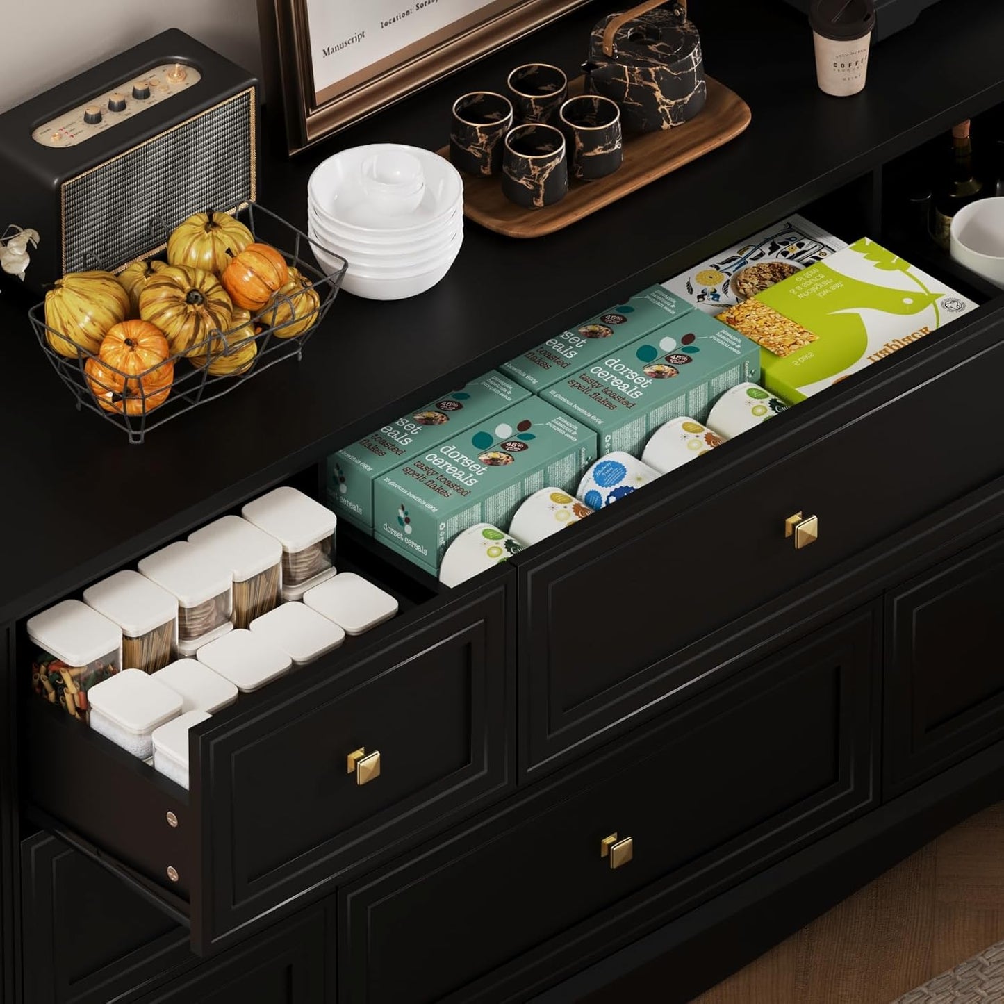 9-Drawer Dresser, 57" Wooden Chest of Drawers with Rustic Top, Modern Farmhouse Furniture Organizer, Bedroom Storage Cabinet for Clothes, Accessories, Living Room, or Entryway, Black