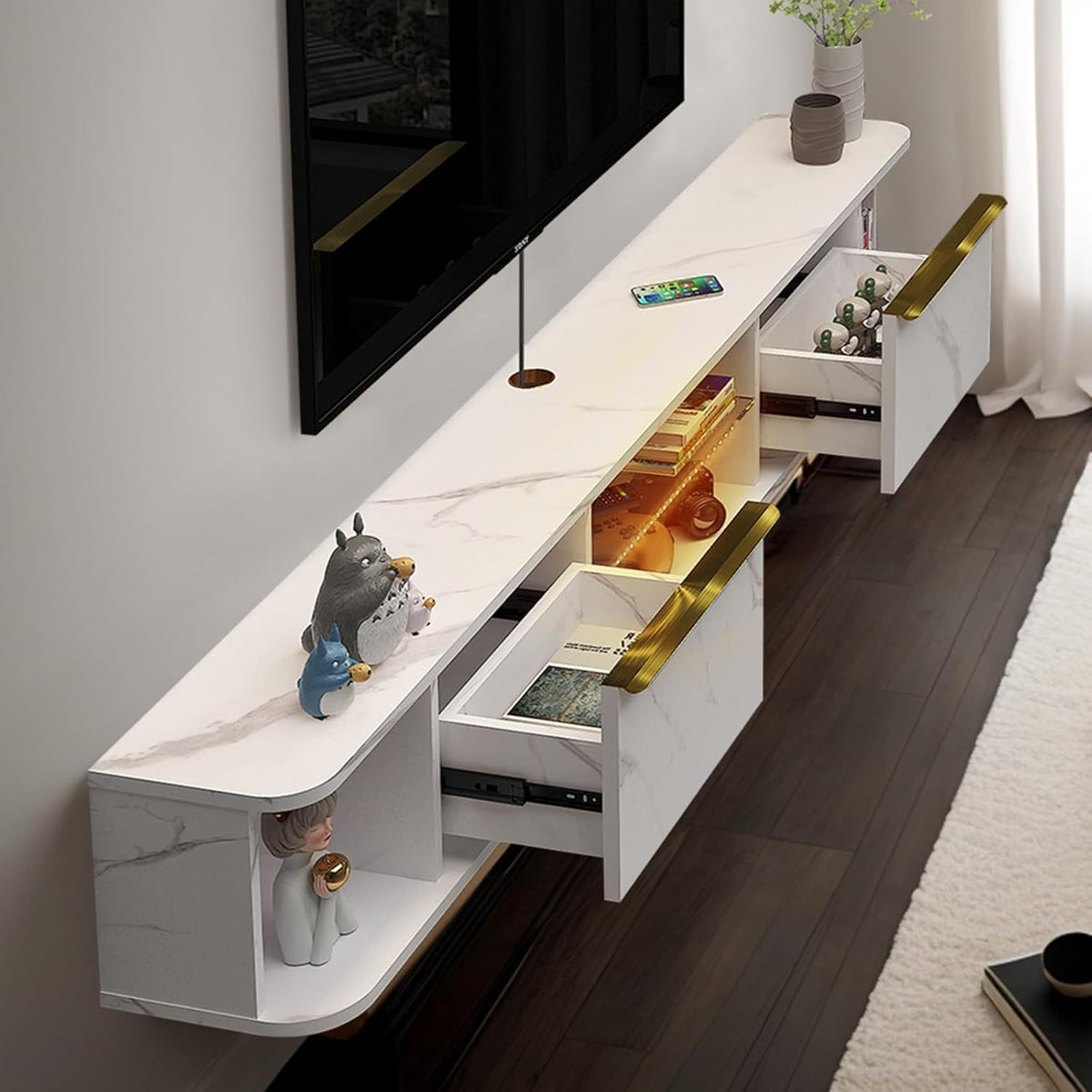 Pmnianhua LED Floating TV Stand with 2 Drawers,78'' Floating TV Shelf with LED Lights,Wall Mounted Media Console,Floating Entertainment Center with Storage for Bedroom Playroom Living Room(White)