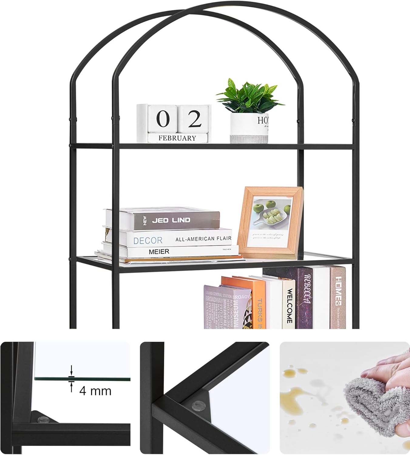Homhedy Bookshelf Arched Display Racks,Metal Bookcase,Tempered Glass Shelves,Storage Rack Shelf for Home Office,Living Room,Bedroom, Bathroom,Modern Style (Black, 11.8" D x 23.6" W x 62.2" H)