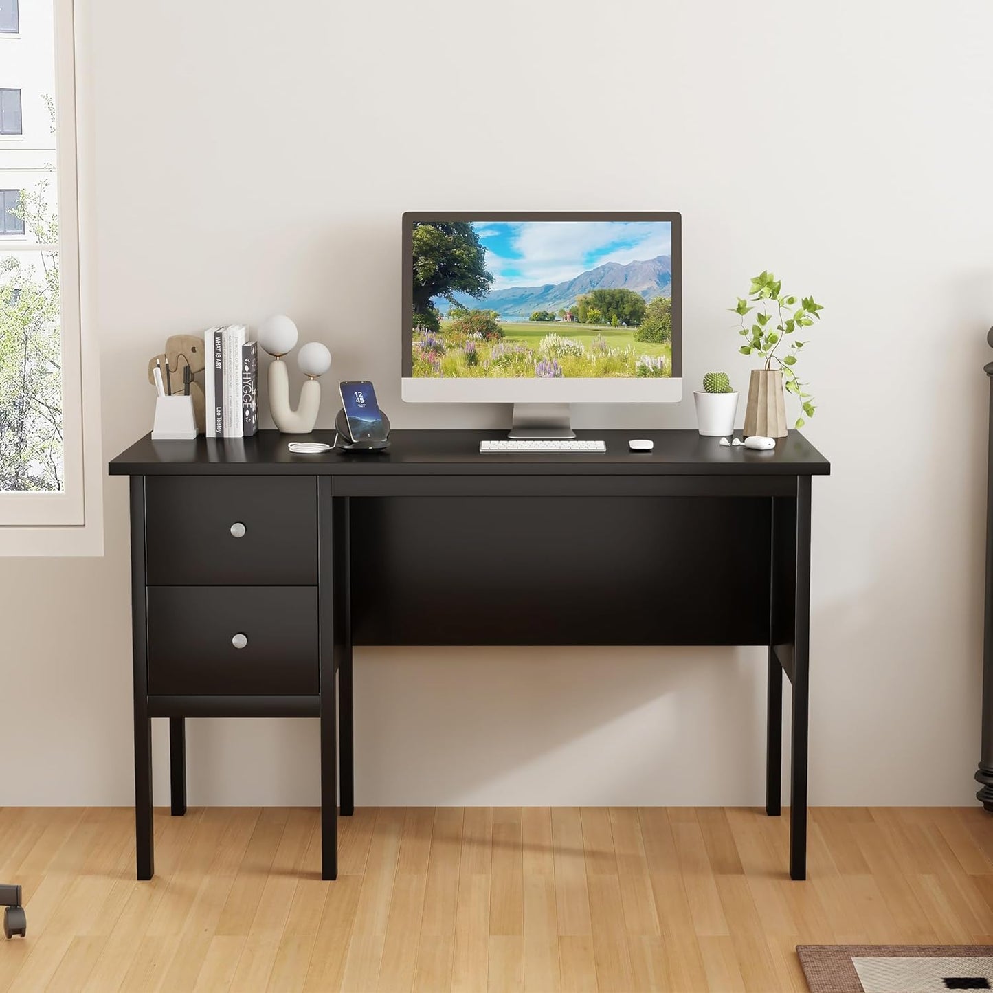 BHG Computer Desk with Drawers,Modern White Home Office Desk with Storage Filing Cabinet, Vanity Desk Makeup Dressing Table for Bedroom,Small Writing Table PC Desks for Study (Black, 43.3")