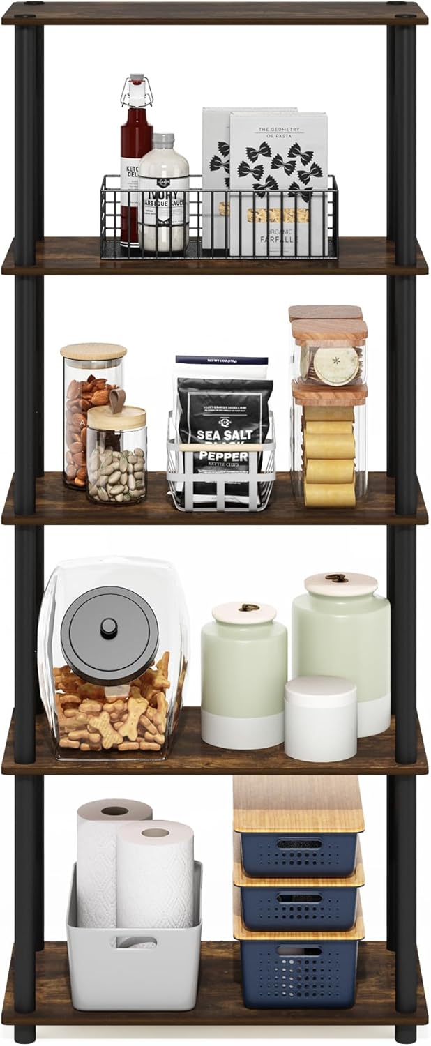 Furinno Turn-N-Tube 5-Tier Multipurpose Shelf Display Rack, Amber Pine/Black