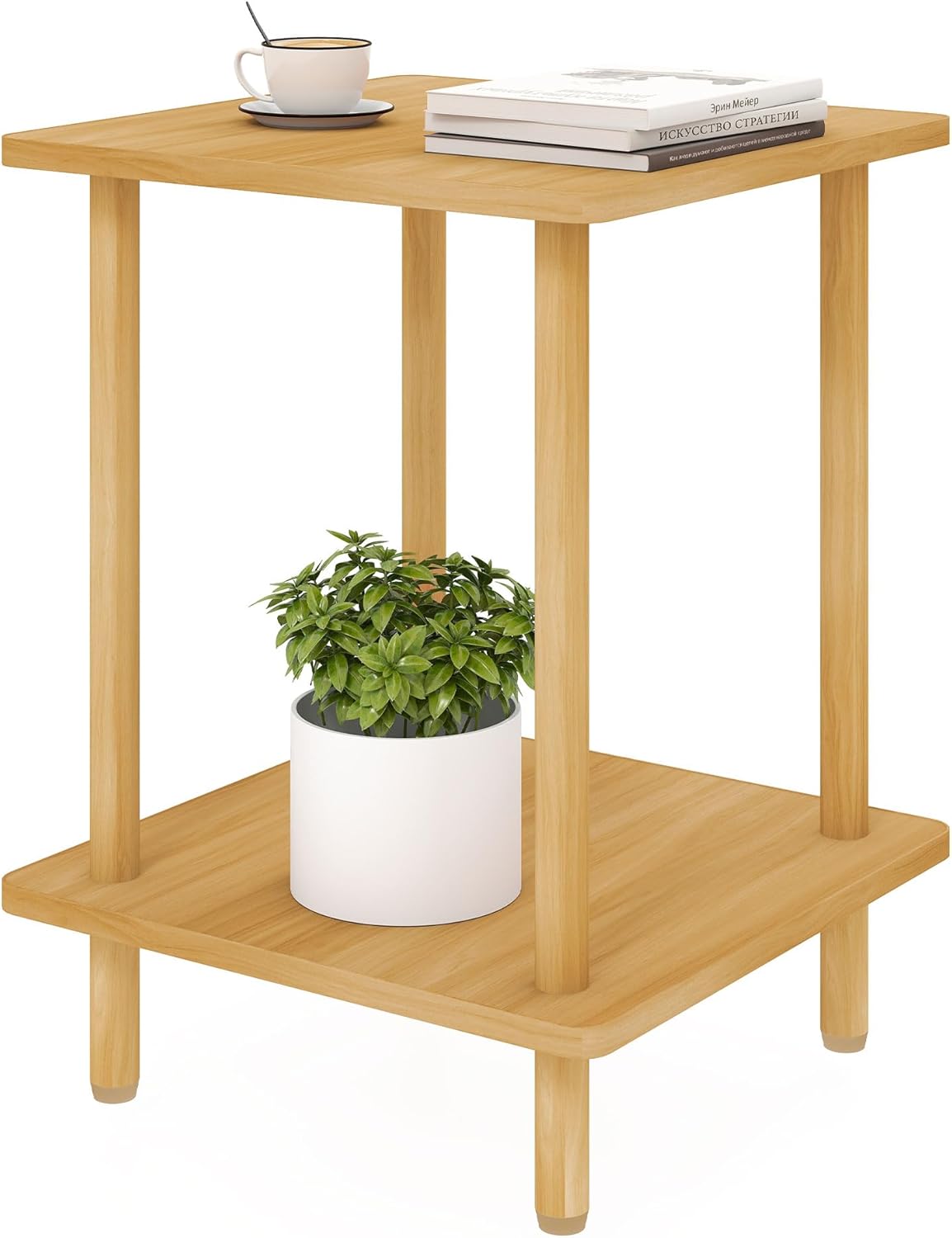 2-Tier End Table,Multi-Layer Side Cabinet with 4 Solid Wood Sturdy Legs for Living Room and Bed Room, Minimalist Modern (15.8"*15.8"*21")