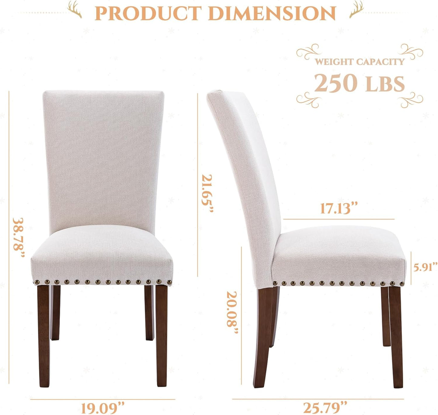 Set of 6 Beige Upholstered Dining Chairs, Farmhouse Kitchen Chairs with High Back, Solid Rubberwood Legs, Comfortable Padded Foam Seat, Bronze Nailhead Trim, Dining Room Chairs for Large Families