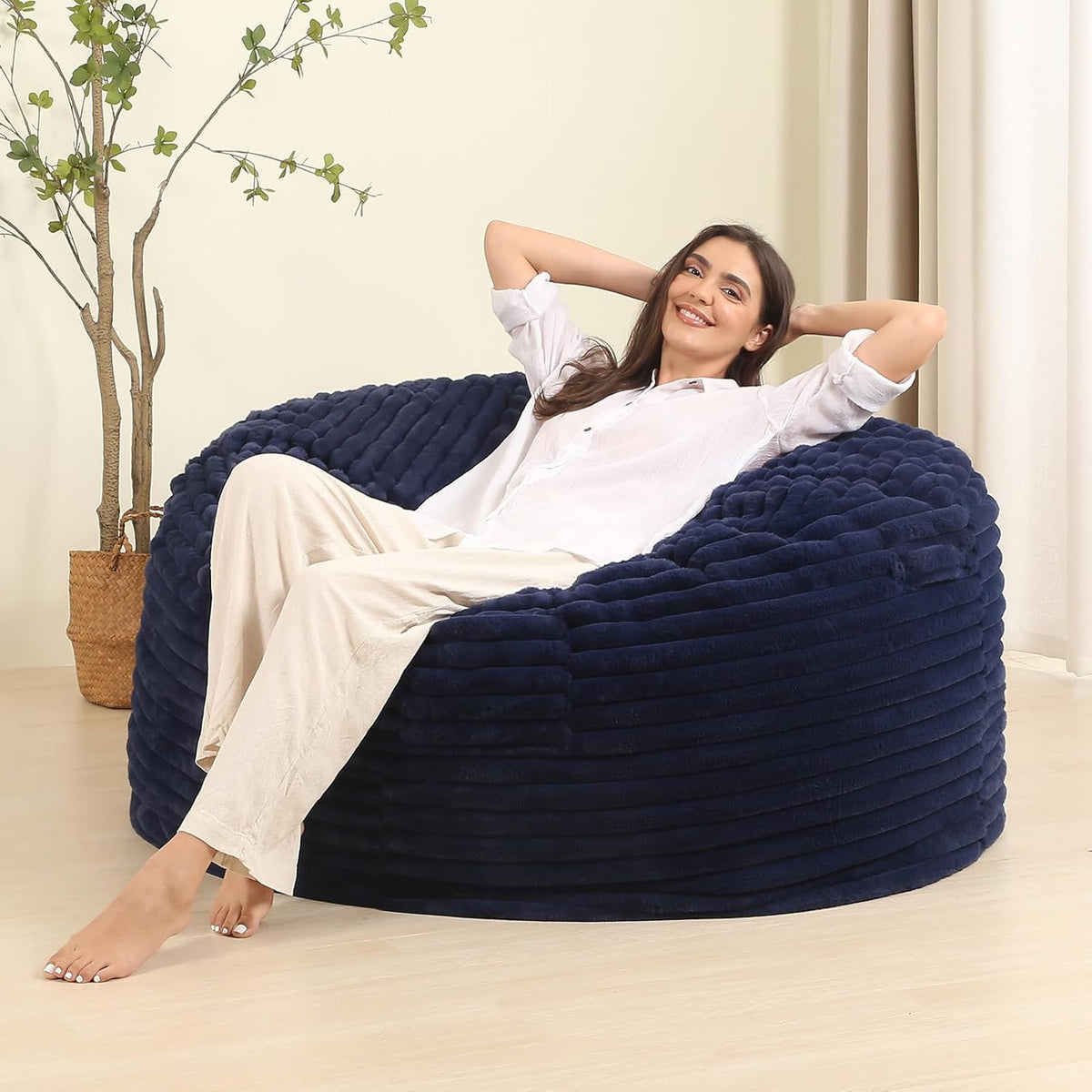 4FT Memory Foam Bean Bag Chair for Adults/Teens, Bean Bag Sofa with Fluffy Removable Cover, for Living Room Bedroom, Blue