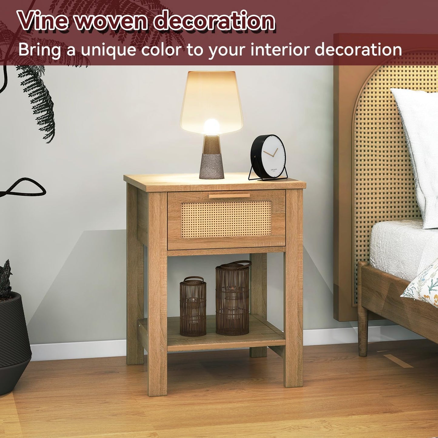 IBUYKE Rattan Nightstand Set of 2, Boho Night Stand with Drawer, Wood Bedside Tables with Storage Shelf, End Table with Legs for Bedroom, Natural UWNS011N-2