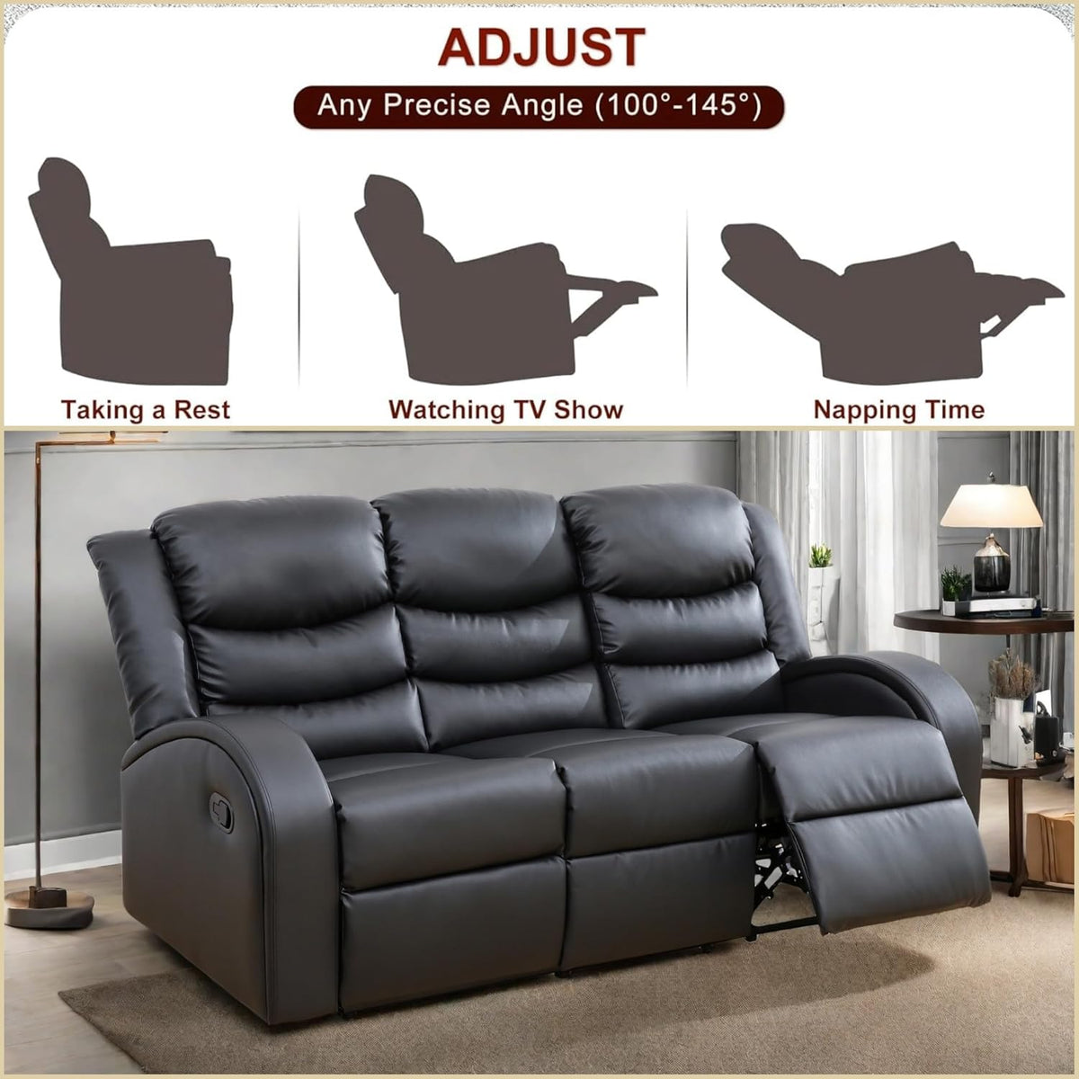 Leather Recliner Sofa Couch, 3-Seater Home Theater Seating Reclining Sofa, Power Reclining Couch with Cup Holders & Drop Down Table for Living Room Furniture Sets, Black