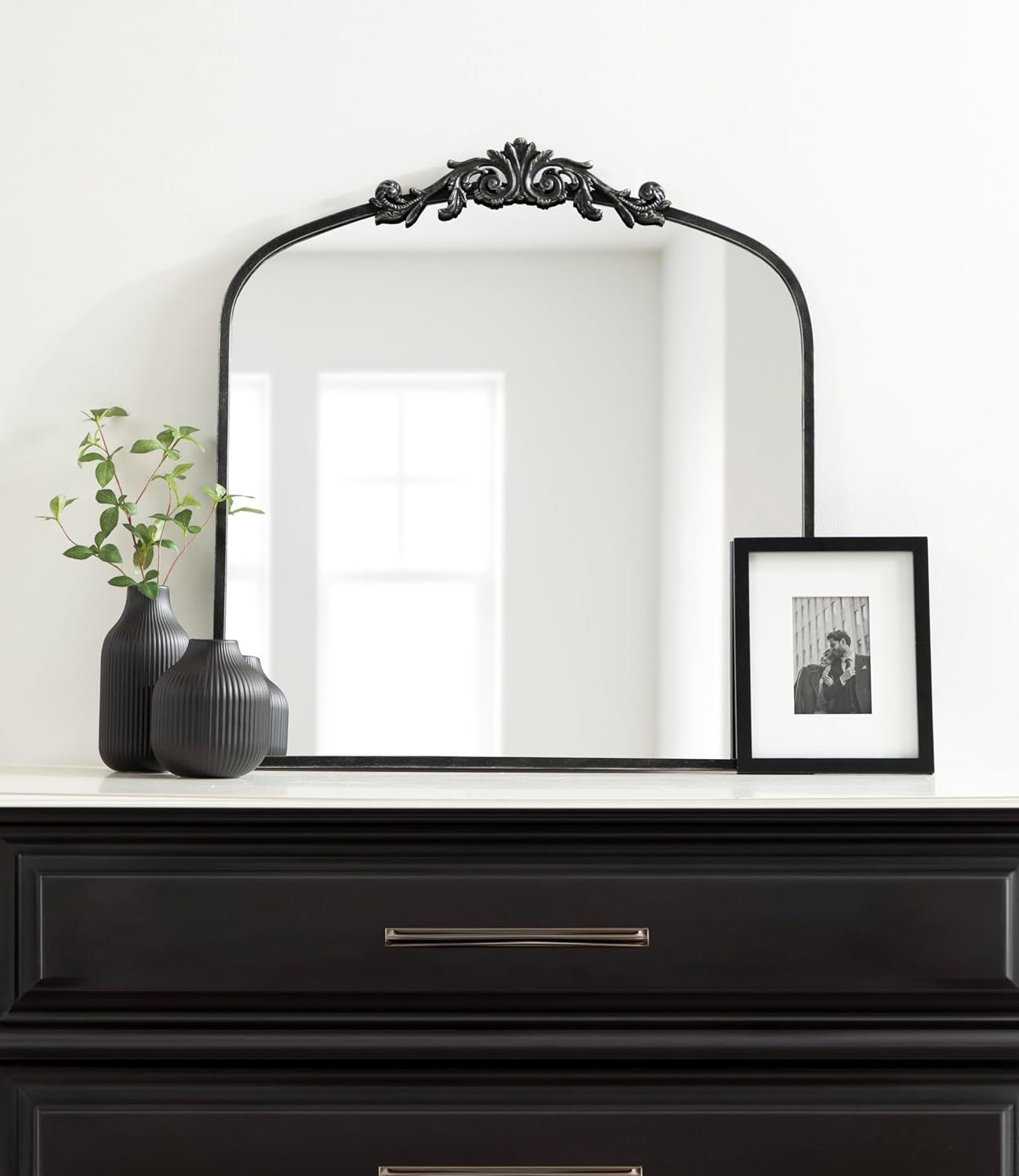 Kate and Laurel Arendahl Ornate Traditional Square Arched Mirror; 28 x 30; Antique Black; Decorative Baroque Style Arch Vintage Mirror with Wide Frame and Ornamental Crown