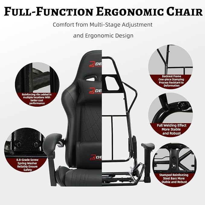 Ergonomic Gaming Chair with Footrest and Lumbar Massage, Racing Office Chair, High Back Computer Desk Chair with Headrest Pillow for Adults, Video Game Chair for PC Gamer (1001-Black)