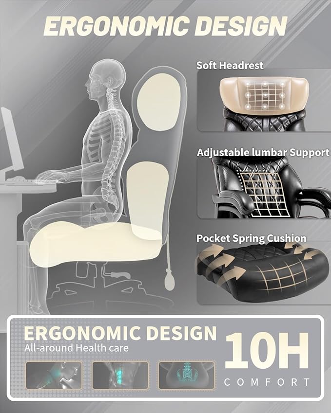 800LBS Big and Tall Office Chair for Heavy People, Extra Wide Seat and Adjustable Lumbar, Heavy Duty Executive Chair with High Back, Large Computer Desk Chair Comfortable for Home Office