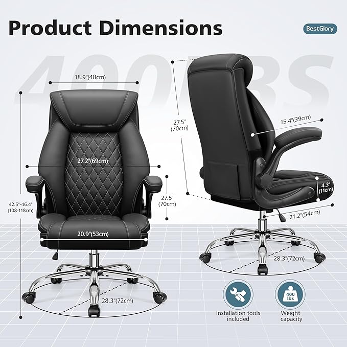 Office Chair, Ergonomic High Back Home Office Desk Chair, Big and Tall Breathable Leather Office Chair with Lumbar Support Flip-Up Armrests, Computer Gaming Chair with Rocking Function