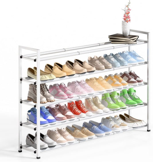 Bumusty 5-Tier Long Expandable Shoe Rack for Closet, 18"-44" Adjustable Shoe Rack for Entryway, 25-30 Pairs Large Shoe Organizer Shelf Storage, Sturdy Metal, White
