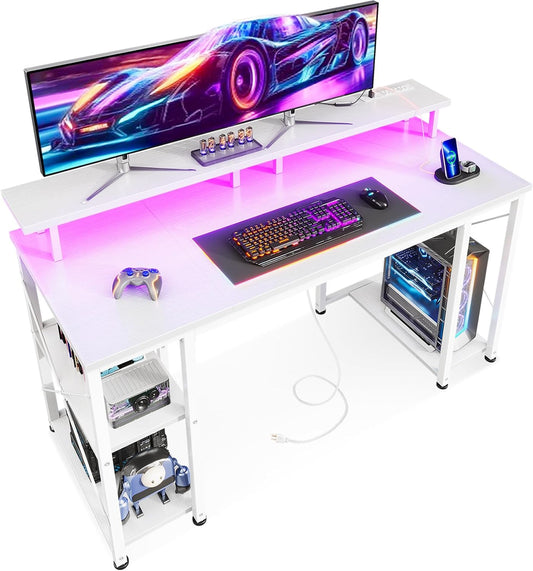 ODK 48 Inches Gaming Desk with LED Lights, Computer Desk with Monitor Stand, Pc Table with CPU Stand, Pure White