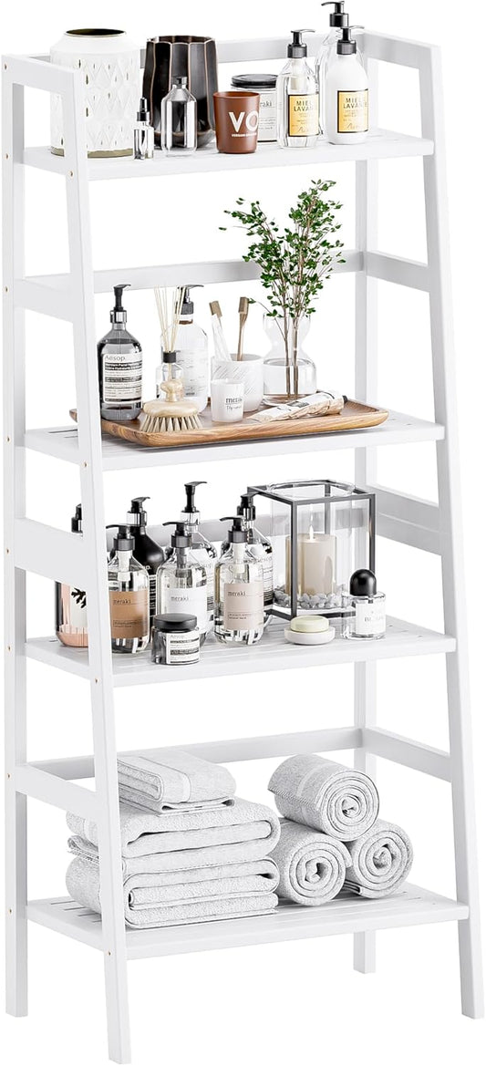 HITNET White Ladder Bookshelf, Leaning Bookcase, 4-Tier Bamboo Shelf, Floor Standing Storage Shelving Unit, Open Display Book Shelves