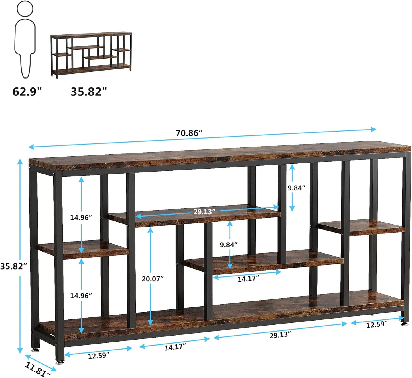 Tribesigns Console Sofa Table, 70.9 inch Extra Long Table Behind Couch with Storage Shelves, 3-Tier Industrial Narrow Entryway Hallway Accent Table for Living Room, Rustic Brown