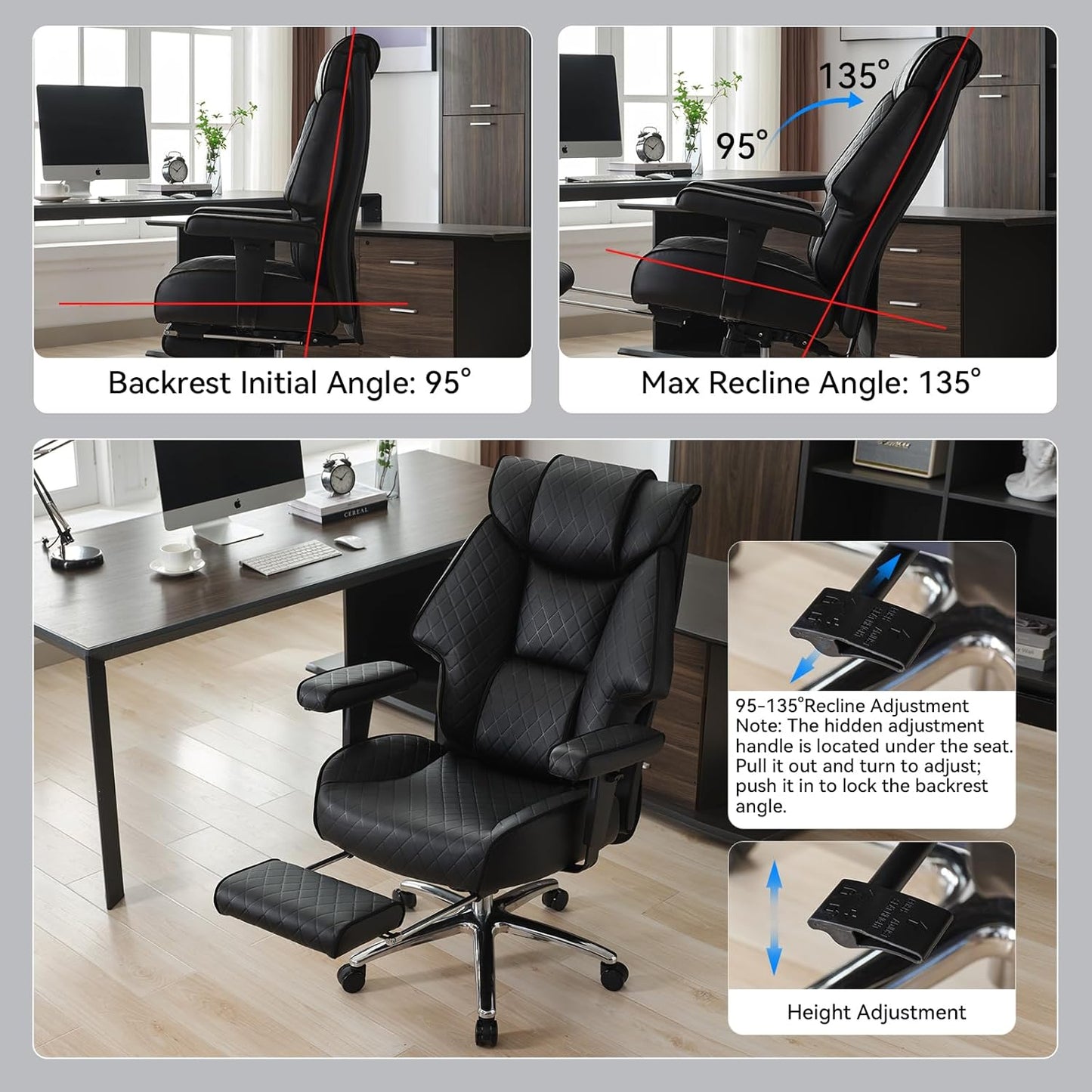 Big and Tall Office Chair with Footrest, PU Leather High Back Executive Office Chair 400lbs, Ergonomic Computer Chairs Lumbar Support for Heavy People (All Black)