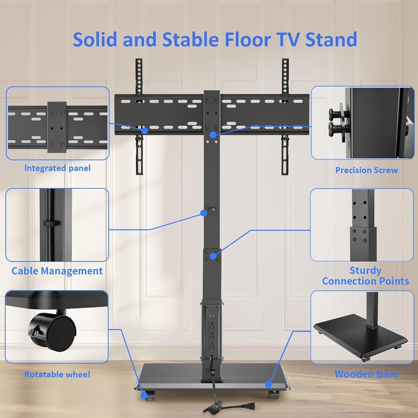 Rolling TV Stand with Power Outlet, Mobile TV Stand for 32-75 Inch TVs up to 110 lbs, 30° Swivel TV Floor Stand, 18 Adjustable Heights, TV Cart on Wheels for Bedroom, Office, Outdoor, Black