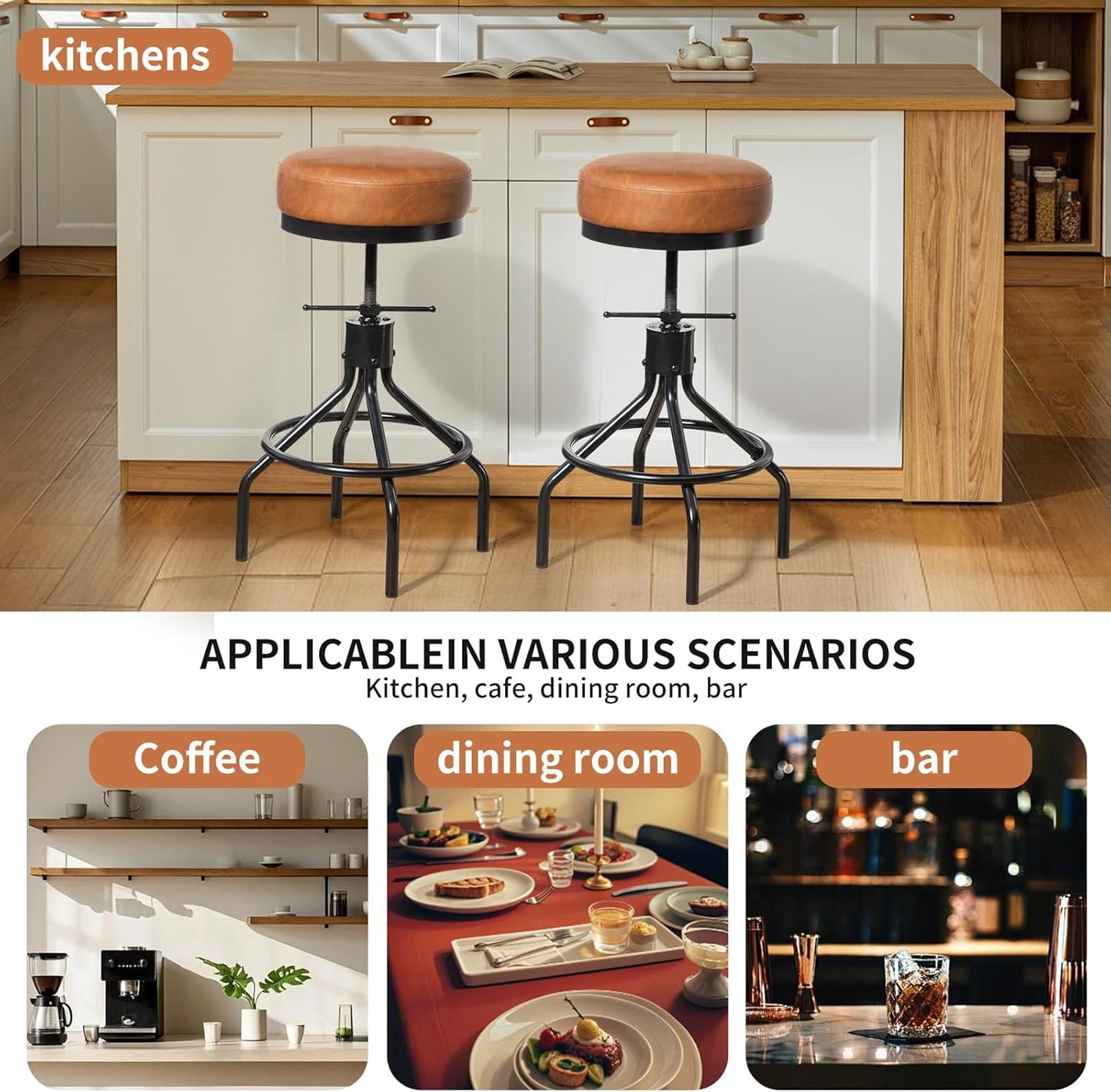 Industrial Bar Stools Set of 3 Adjustable Swivel Barstools Modern PU Leather 28inch Round Backless Counter Height Stool Metal Bar Chair for Kitchen Island (3, Brown)