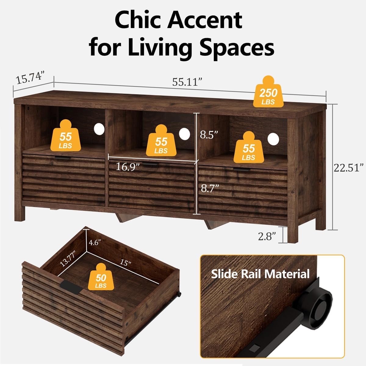 BON AUGURE TV Stand, Mid Century Modern Media Console for 65/55/50 Inch TVs, Wood Fluted Entertainment Center with Storage for Living Room, Bedroom (Rustic Oak)