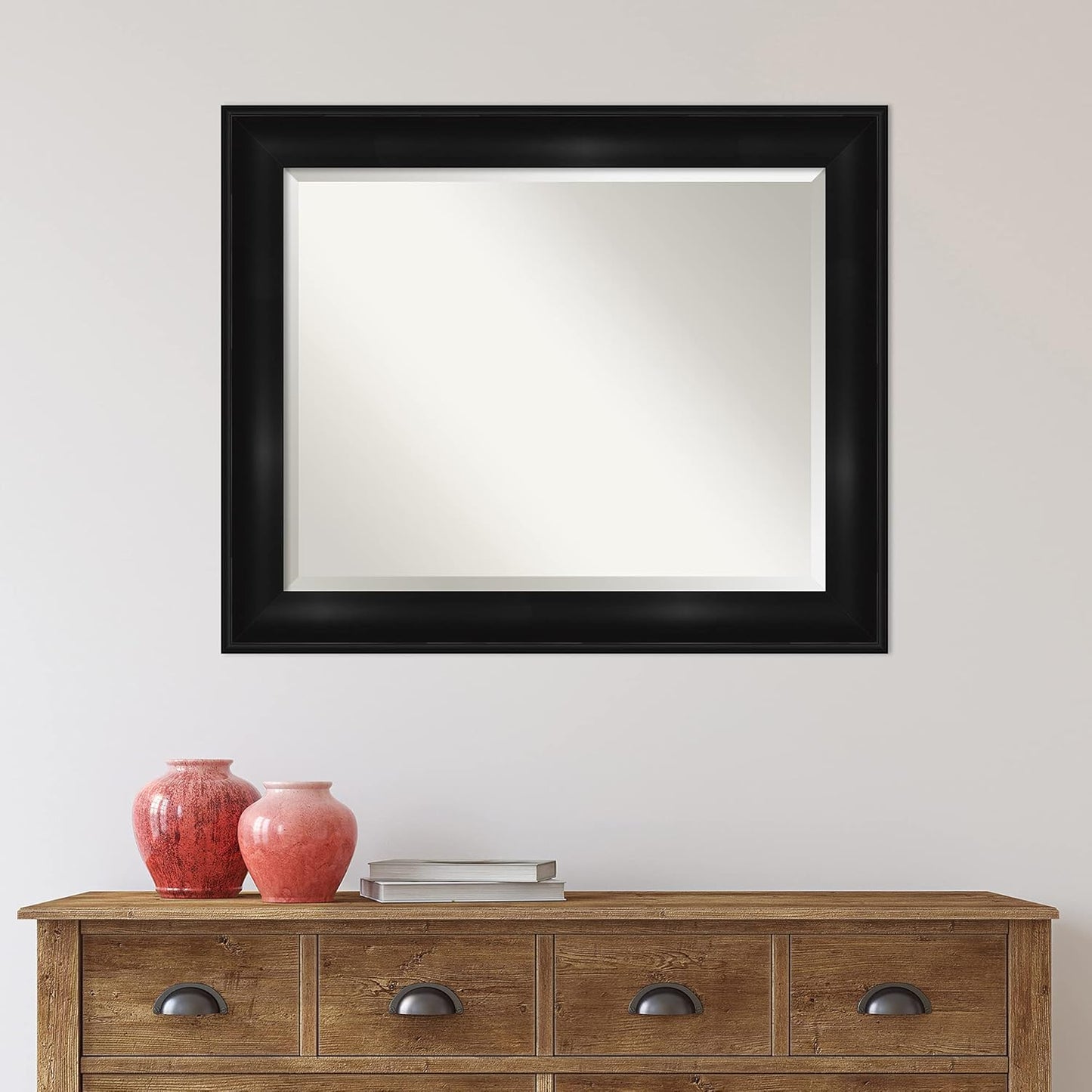 Amanti Art Black Bathroom Mirror for Over Sink, 28x34 Grand Black Rectangle Vanity Mirror, Large Casual Frame, Hangs Horizonally and Vertically, Bathroom Wall Decor, Beveled Edge