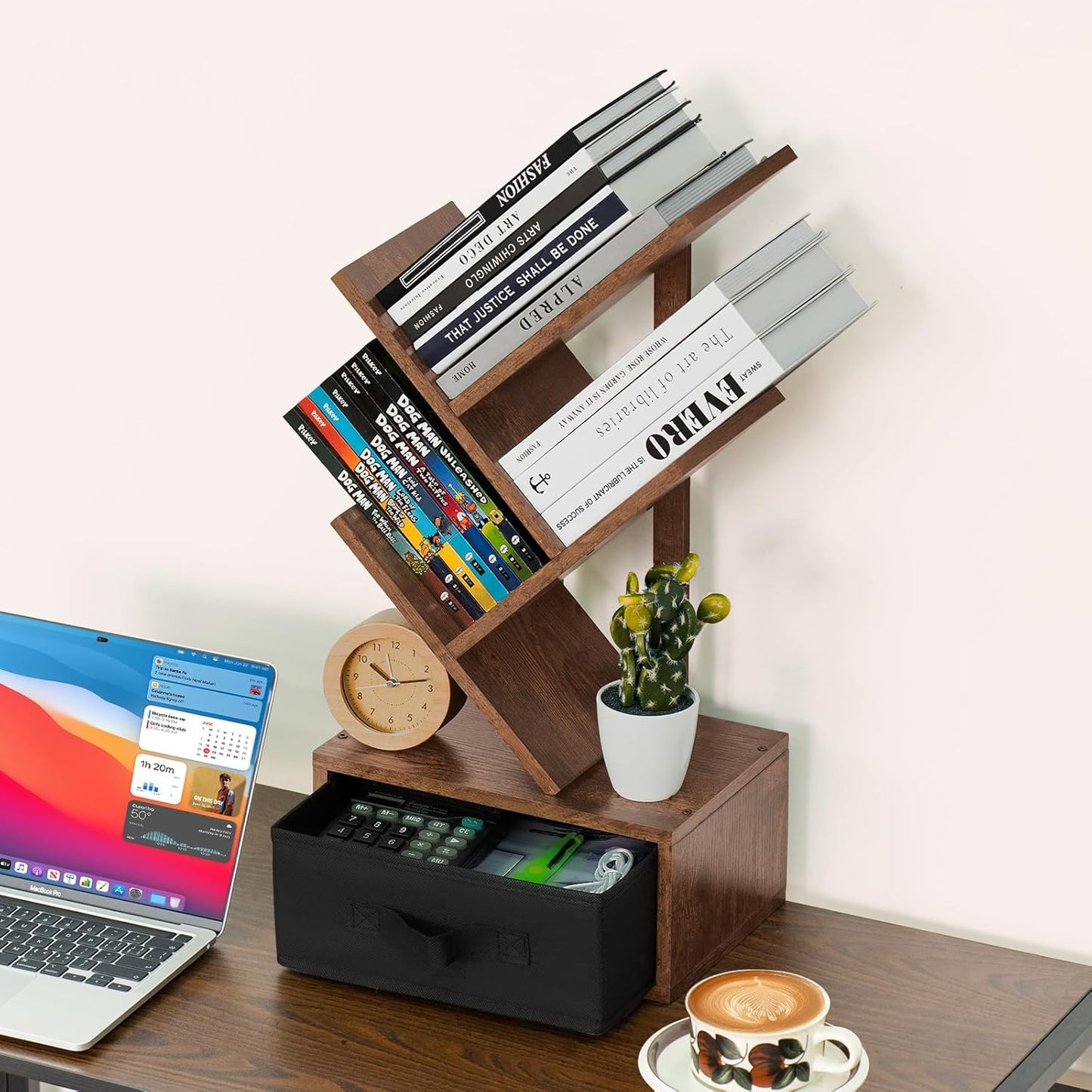 Small Bookshelf with Drawer,4 Tier Tree Book Shelf,Wood Desk Bookshelves,Modern Free Standing Desktop Display Shelves,Brown Floor Standing Organizer Bookcase for Living Room,Bedroom,Office