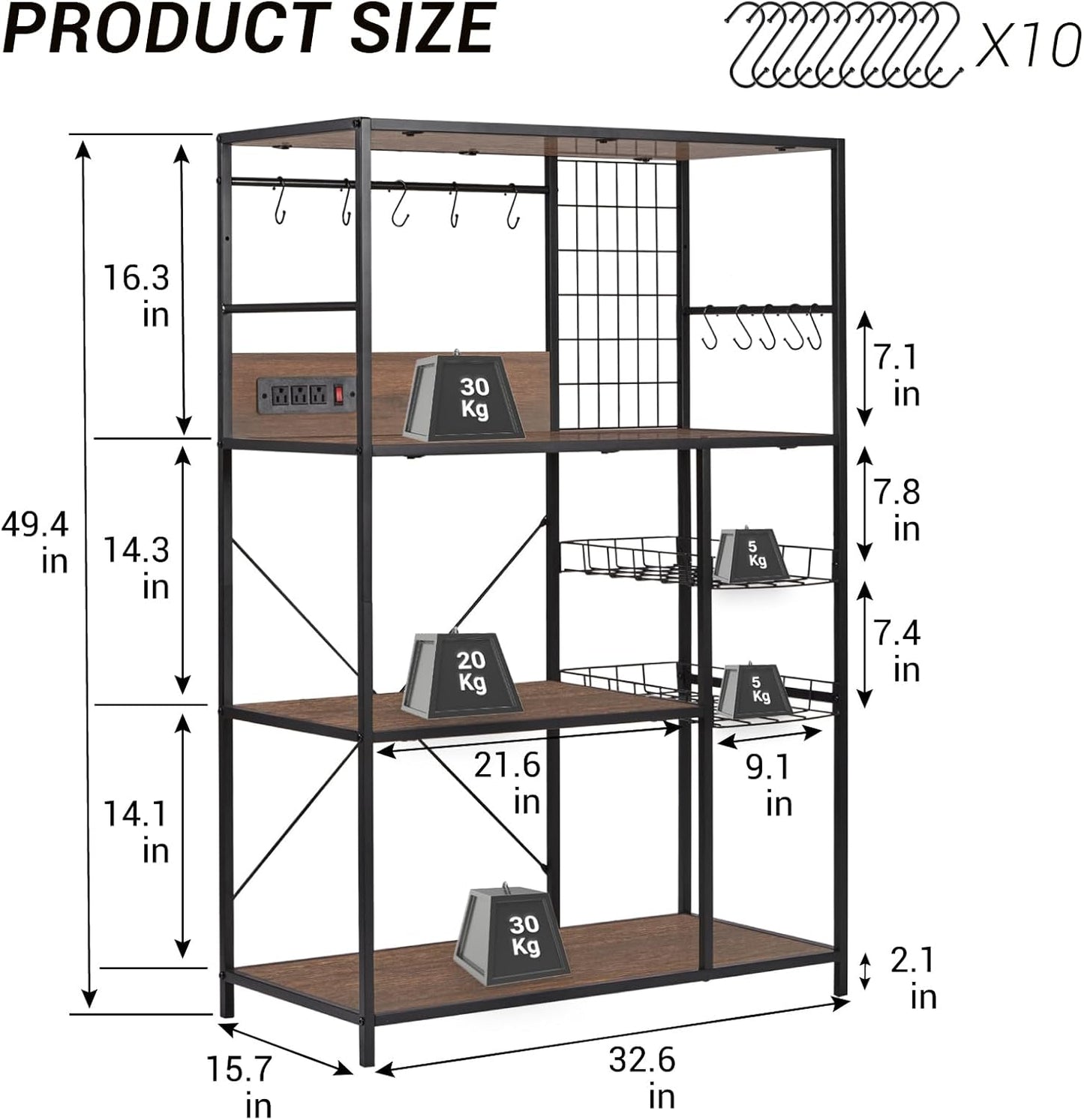 Bakers Rack with Power Outlet, Microwave Stand with Storage, Coffee Bar Organizer Cabinet with Wire Basket, Kitchen Shelf for Spices, 10 Hooks, Industrial, Brown