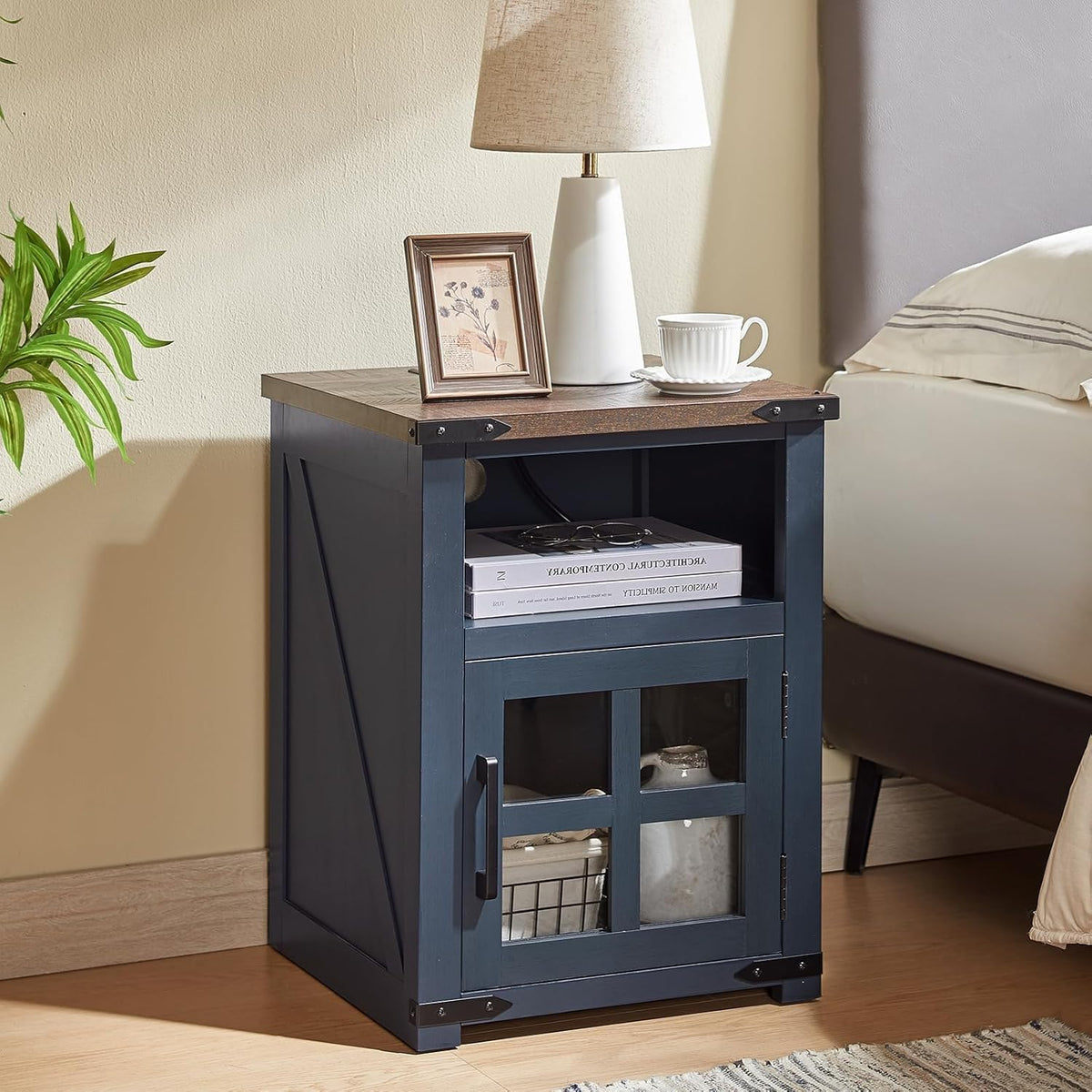 Farmhouse Nightstand with Charging Station, Rustic End Table with Tempered Glass Barn Door, Wood Sofa Side Bedside Table with Open Storage Shelf for Living Room, Bedroom, Blue