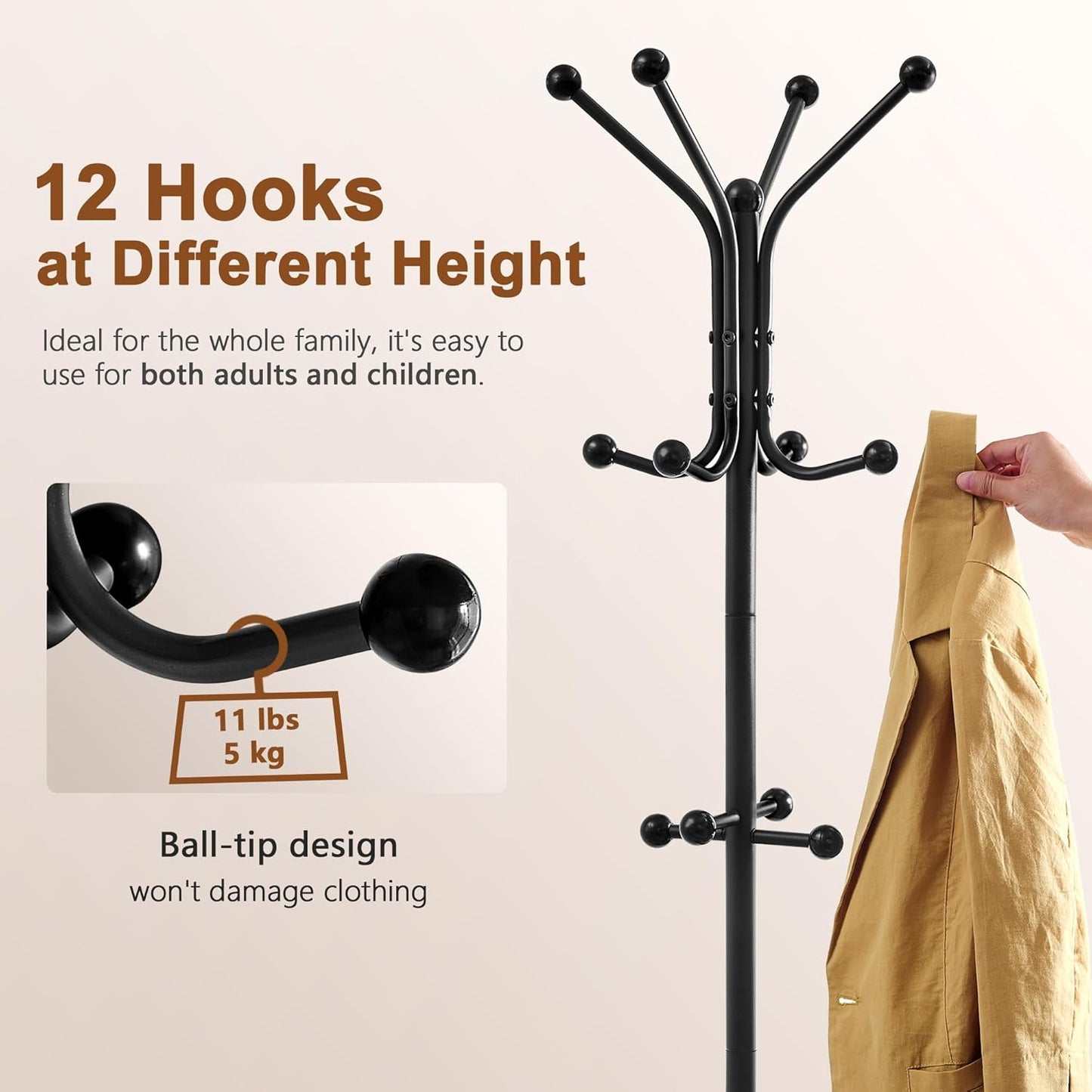 Hoctieon Coat Rack Freestanding, Coat Tree with Umbrella Holder, Metal Coat Rack Stand with 12 Hooks, Standing Coat Hanger Stand, Umbrella Stand for Entryway, Hat Rack Stand for Home Office, Black