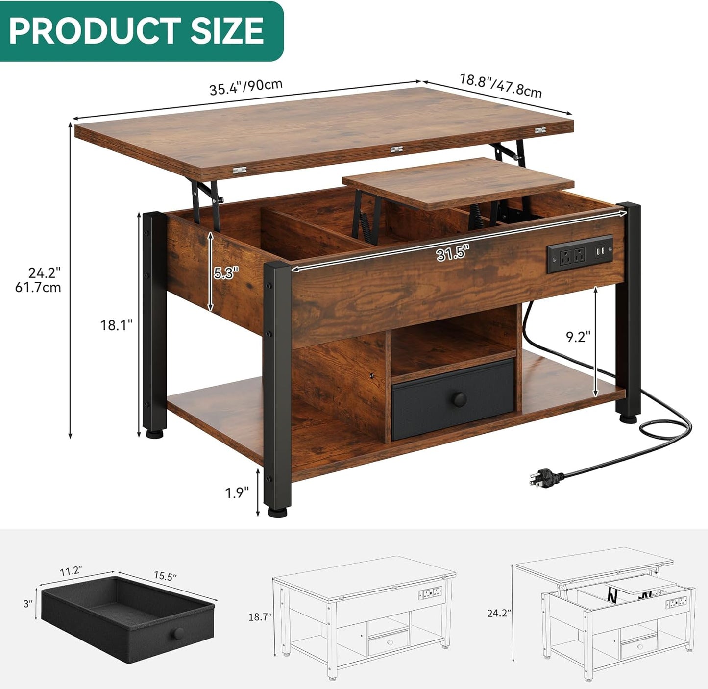 YITAHOME 4-in-1 Lift Top Coffee Table with RGB Light & Dual Tops, Multi-Function Table with Power Outlets, Storage, Converts to Dining Table Computer Desk Gaming Hub, Living Room, Home Office, Brown