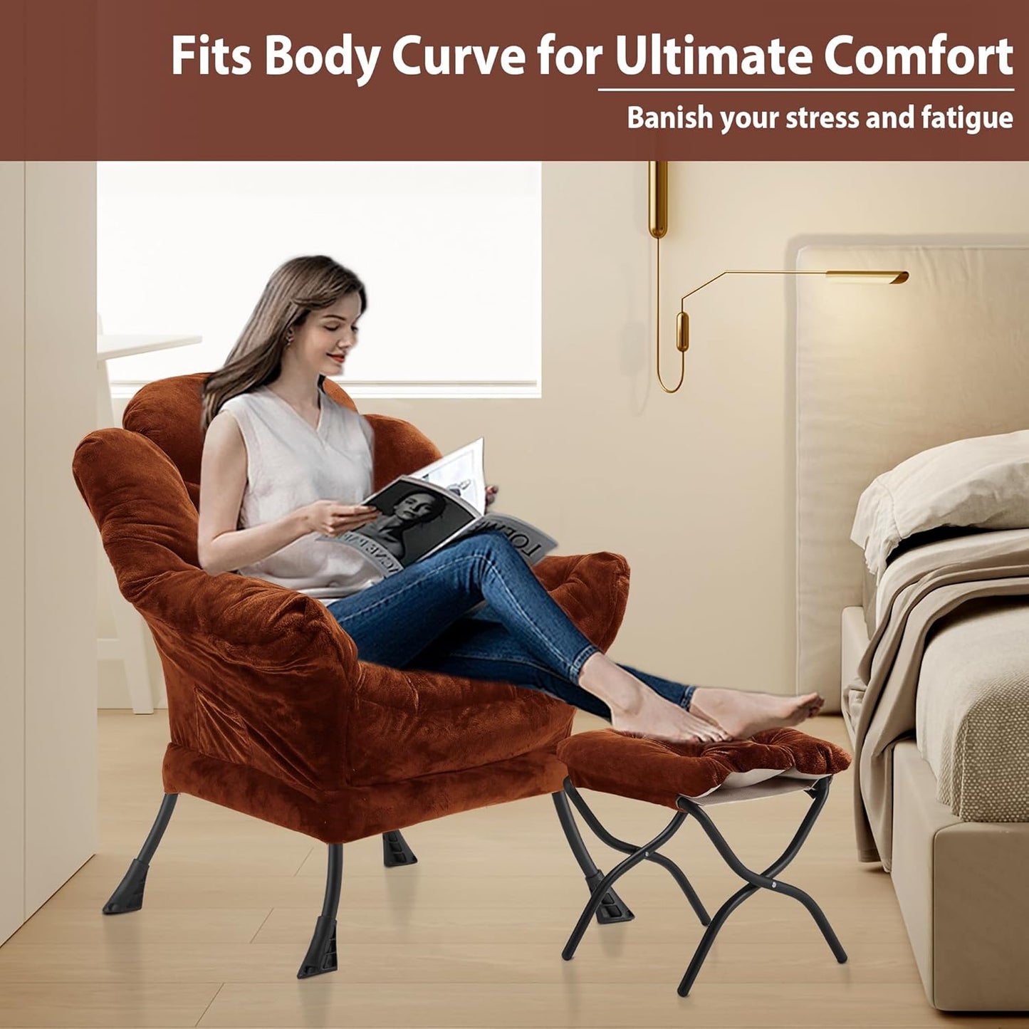 Lazy Chair with Folding Ottoman, Accent Chair Plush Upholstered with Metal Structure and Non-Slip Pads, Sofa Armchair with Footrest and Side Storage Bag for Dorm, Room, Office, Brown
