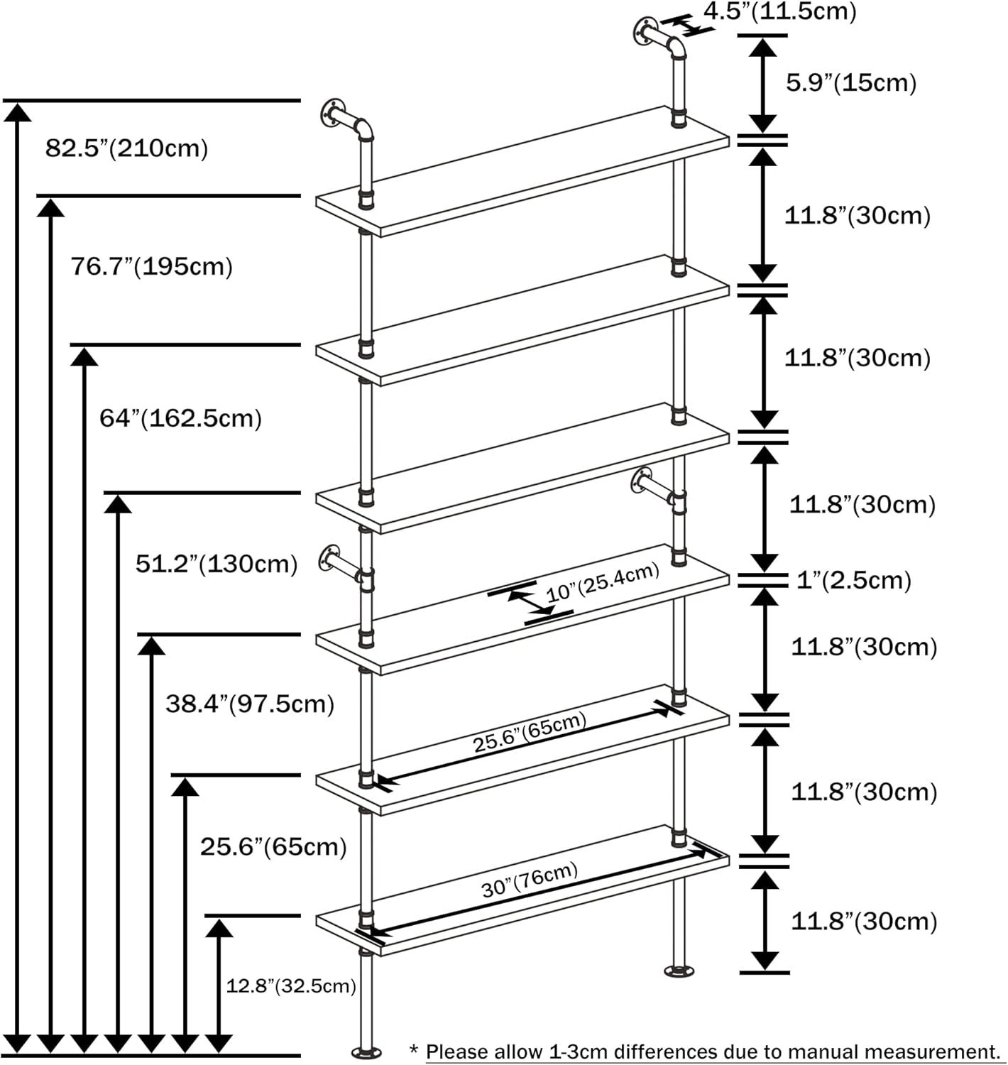 Pipe Industrial Shelves, Wall Mounted Wood Metal Ladder Rustic Bookshelf (Walnut Color, 6 Tier - 10" D x 30" W x 82.5" H)