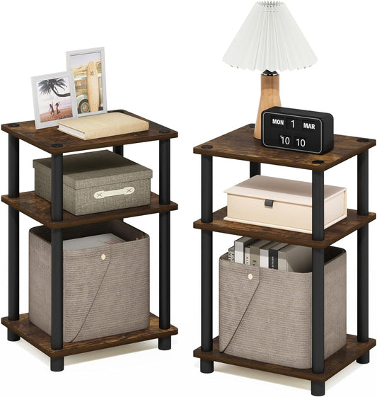 Furinno Just 3-Tier Turn-N-Tube End Table, 2-Pack, Amber Pine/Black