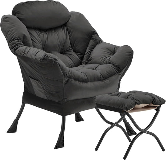 Lazy Chair with Folding Ottoman, Accent Chair Velvet Upholstered with Metal Structure and Non-Slip Pads, Sofa Armchair with Footrest and Side Storage Bag for Dorm, Office, Charcoal