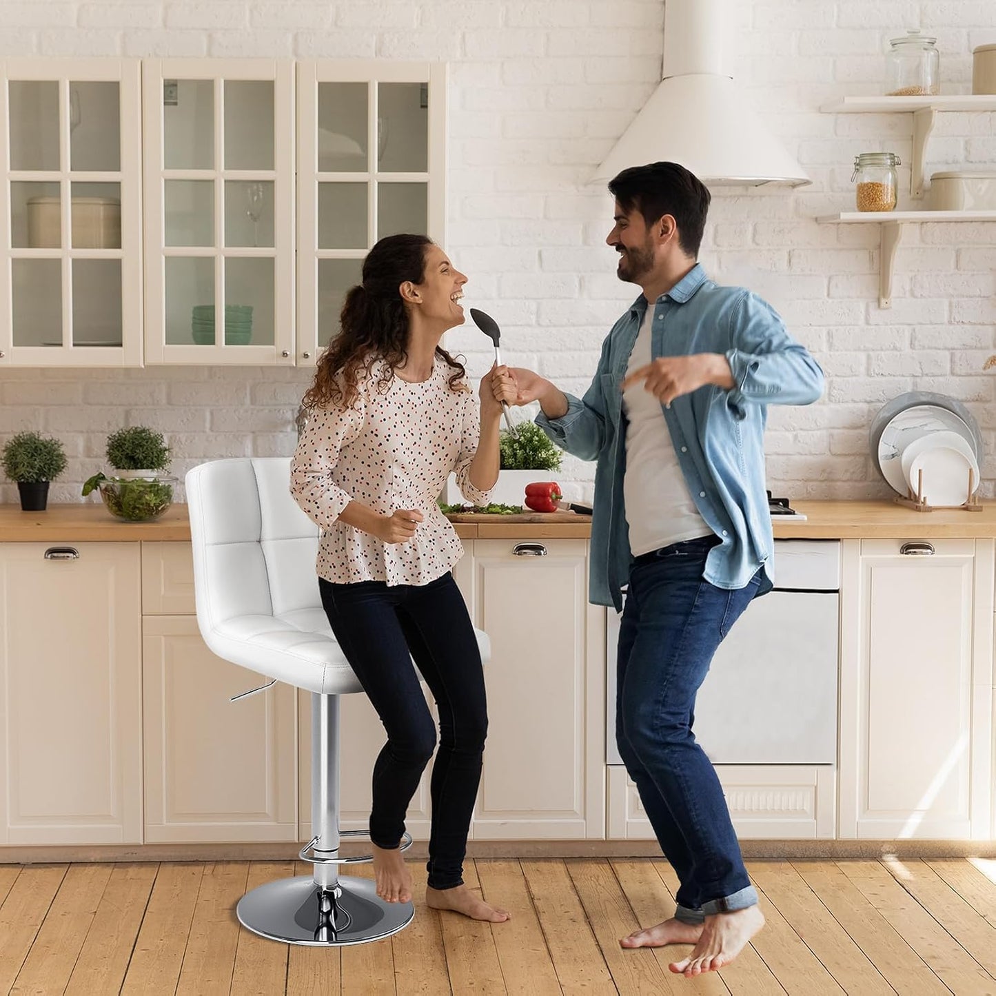 DUMOS Bar Stools Set of 2, Armless Adjustable Swivel Barstools, PU Leather Hydraulic Kitchen Counter Height Bar Stools, Thickened Seat Cushion Square Island Barstools with Back, White
