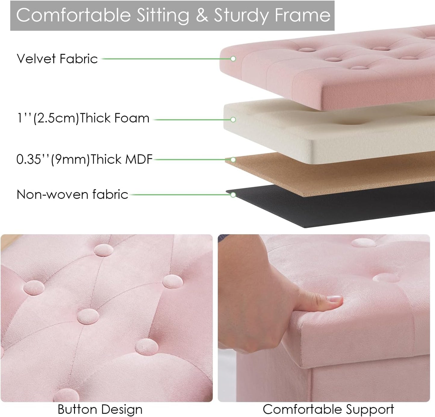 PRANDOM Extra Large Ottoman with Storage [1-Pack] Velvet Folding Small Square Foot Stool with Lid for Toy Living Room Bedroom Coffee Table Dorm Pink 30.5x15x15 inches