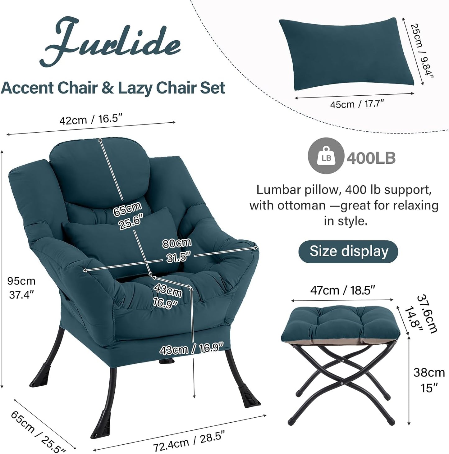 Lazy Chair with Ottoman, Modern Lounge Chair with Lumbar Pillow, Accent Cozy Reading Armchair and Folding Footstool for Bedroom, Dorm, Living Room,Peacock Blue
