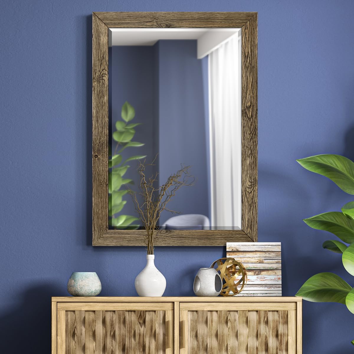 Walnut Vanity Mirror Rectangular Barnwood Framed Wall Mirror for Home Decor, Vertical or Horizontal Hanging, 41x29